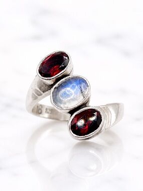 Size 9.5 Sterling Silver Ring with Red Garnet and Blue Moonstone- Nicky Butler